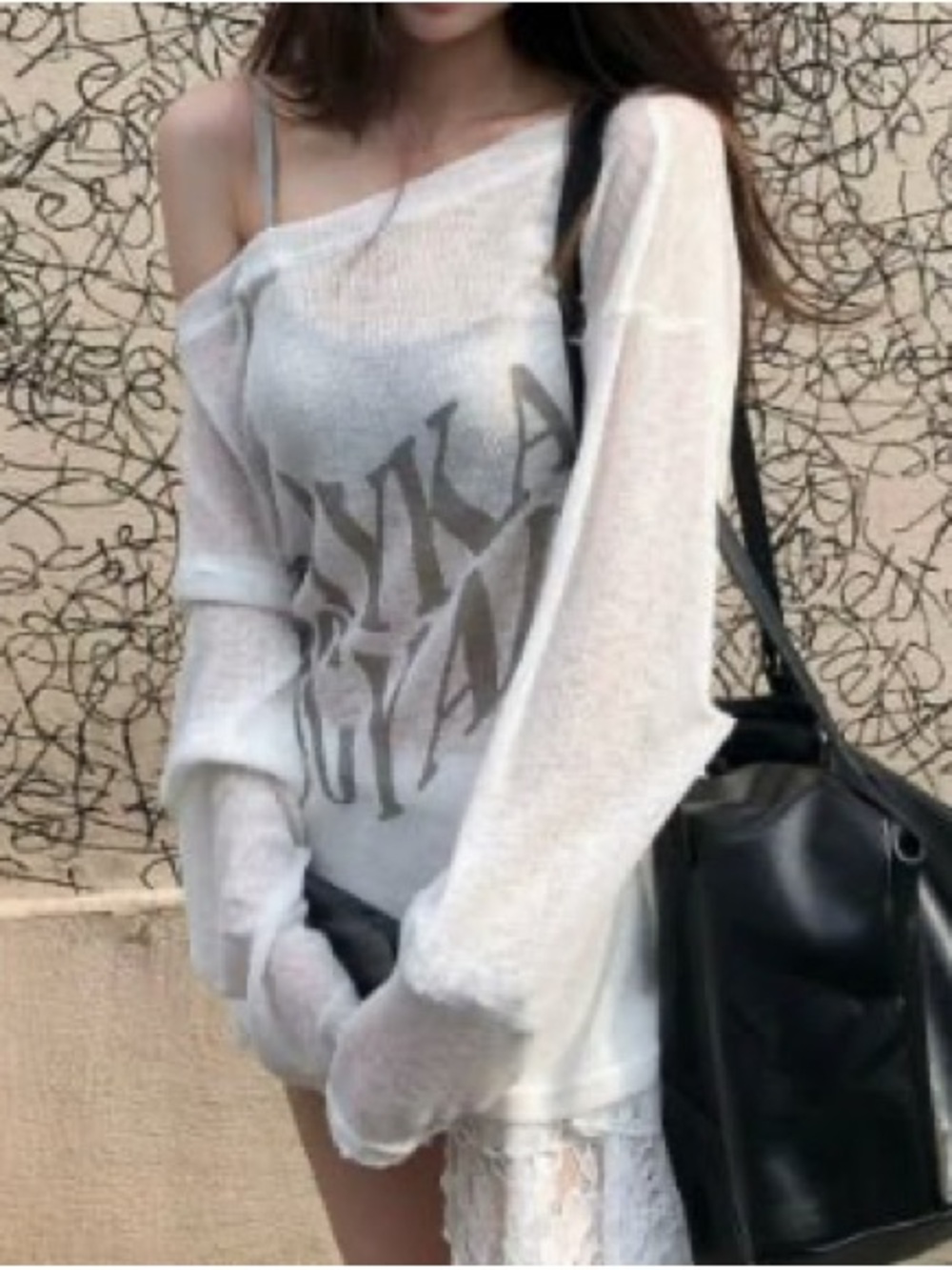Off‑Shoulder Sheer Cover‑Up Top Letter Print Swim Beach Wear